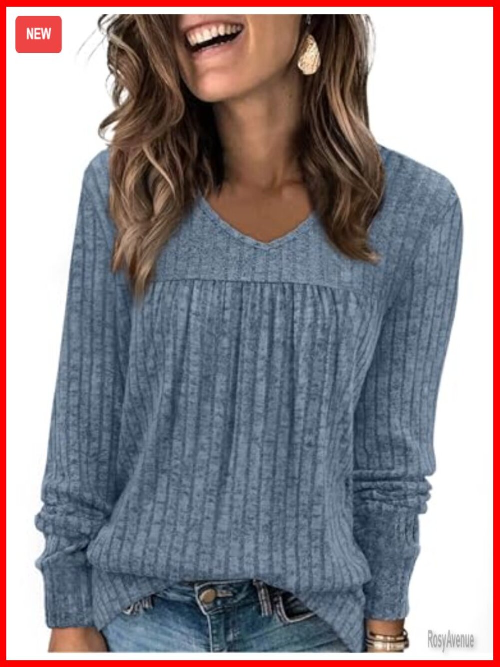 Womens Long Sleeve V Neck Tunic Top Ribbed Knit Lightweight Sweater